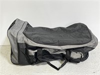 Large black and gray travel bag on wheels