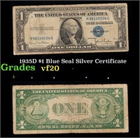 1935D $1 Blue Seal Silver Certificate Grades vf, v