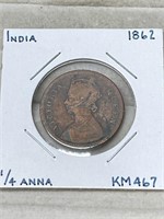 1862 India 1/4 Anna Coin