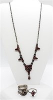 GARNET COLORED NECKLACE & RINGS