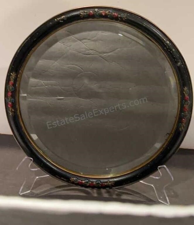 Vintage 13” Round Mirror Black Wood Frame trimmed