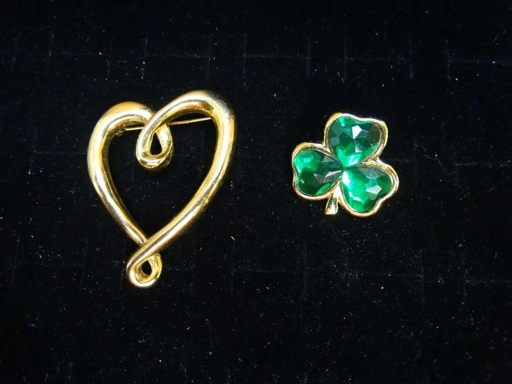 Vtg Heart Brooch & Emerald Green Clover Brooch