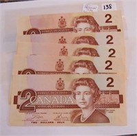 5 Canadian 1986 Two Dollar Paper Money