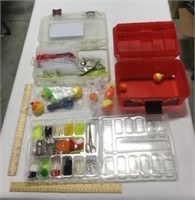 Fishing lot w/ hooks, fake bait, & small plastic