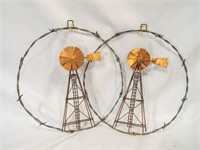 (2) Hand Crafted Copper & Barbed Wire Wind Mill