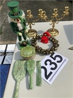 Brass candle holders, jingle wreath and misc.