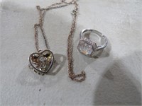 LADIES STERLING RING AND HEART SHAPED NECKLACE
