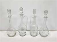 4 Etched Glass Decanters with Stoppers