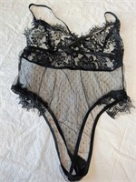 vtg BLACK LACE / NETTING TEDDY, SZ S NOS (g