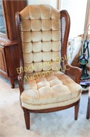 Upholstered wing back arm chair, cane sides