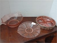 3 pink depression glass bowls. Pink divided bowl