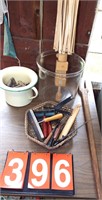 swift, enameled pot, clothespins, wash stick,