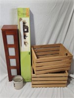 (2) Wood Crates, Storage Stand w/ Picture Frames