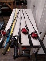 Group of fishing rods and reels