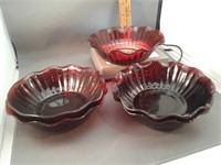 5 red Anchor Hocking glass bowls 6 1/2" diameter
