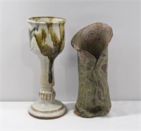 2pc Studio Pottery Goblet & Vase 9" - 10"