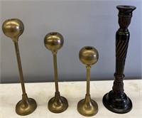 3 BRASS CANDLE HOLDERS, 1 WOOD CANDLE HOLDER