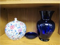 Blue Glass Vase, Ginger Jar and Blue Bowl