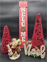 (5) Red Christmas Decor: 2- Trees, Santa, 2- Signs