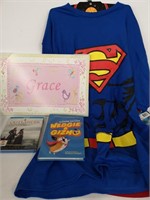 Superman t-shirt, Outlander DVD, kids book +
