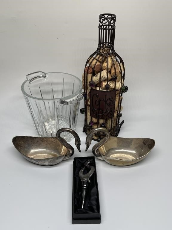 2- Vintage Swan Dishes, Wine Corker, Wine Bucket,