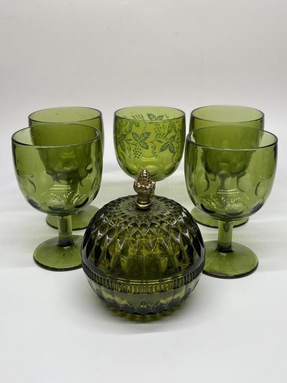 6- Green Coin Dot Water Goblets & Lidded Candy Jar