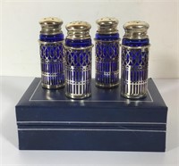 4 SALT SHAKERS SILVER GLASS IN BOX