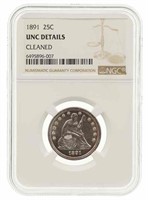 1891 US SEATED 25C SILVER COIN NGC UNC DETAILS CLE