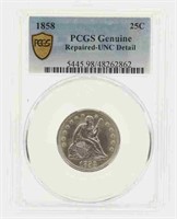 1858 US SEATED 25C SILVER COIN PCGS REPAIRED UNC D