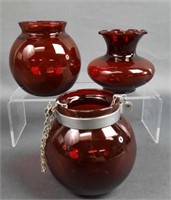3 Ruby Red Vases Including Anchor Hocking Vase