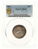 1867 US SEATED LIBERTY 25C SILVER COIN PCGS PR62