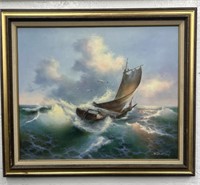 (AB) Signed June Nelson boat wall art on canvas.