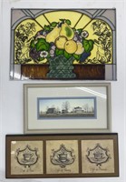 (AQ) Stained glass fruit bowl, framed farm, and