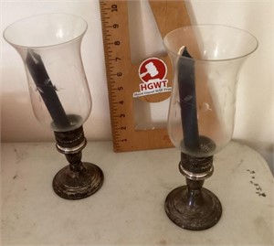 Weighted sterling candleholders w/hurricane shades