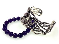 Sterling Silver Cuff and Amethyst Bead Bracelet