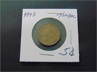 1943 Canadian Tombac 5 cent Coin