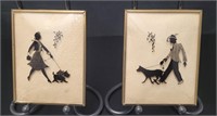 2 Vtg 1950s Dog Walkers Silhouettes Glass Prints