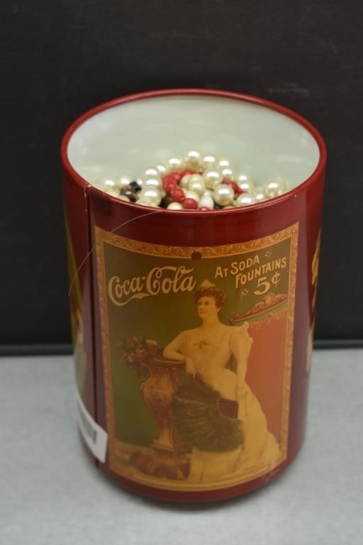 Coca-Cola Tin, no lid, full of Beaded Necklaces