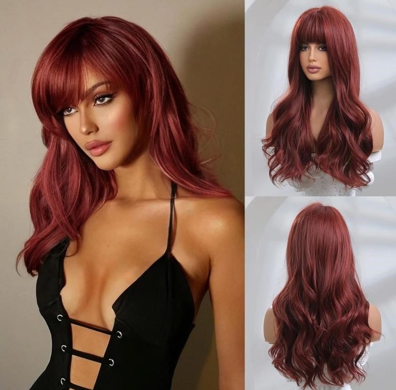 New, 56*56*56cm Honygebia Dark Red Wig with Bangs