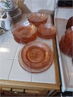 Rose of Sharon Pink depression glass dishes.