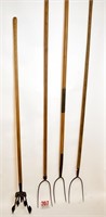 (3) 2 tine pitchforks and garden tools