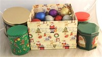 Lot Christmas tins, box & ornaments