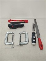 lot of tools- clamps, file, level, etc.