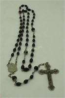 Vtg Italy Silver & Black Bead Rosary 22" Necklace