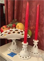 Vintage milk glass, candle, stick holders, and