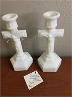 Vintage Crucifix Jesus Milk Glass Candle Holders