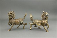 Pair Chinese Brass Pixiu Figures