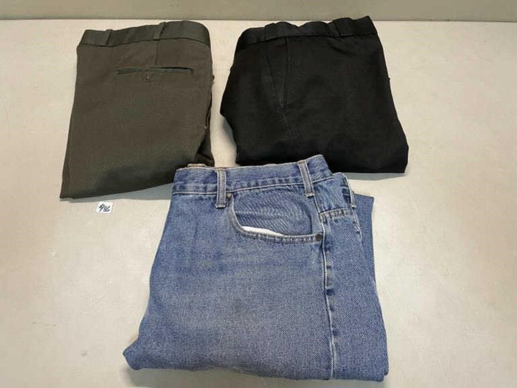 PAIR OF JEANS AND TWO DRESS PANTS 44X30 LONG