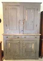 Early step back cupboard in blue paint. 1 piece,