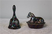 Iridescent Carnival Glass Bell/ Nested Horse